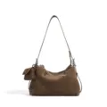 Brown suede shoulder bag for women, retro hobo handbag with small pouch and metal zipper. - Taupe