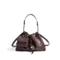 Brown leather slouchy shoulder bag with braided strap, front pouch and chic metal lock charm. - Cocoa