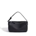 Minimalist black genuine leather cylinder shoulder bag for women, stylish commuting handbag. - 19*9*10cm / Black