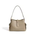Elegant taupe leather shoulder bag with chic metal lock and practical side pockets for women. - Beige Apricot