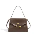 Dark brown leather top-handle crossbody bag with elegant gold hardware and chic buckle detail. - Coffee
