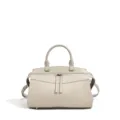 Light grey Korean style leather handbag, vintage bowling shoulder bag with top handle and strap. - Gray (Artificial Pearl Decoration)