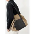 Large capacity canvas shoulder bag stylish contrast leather tote for daily usage - Black