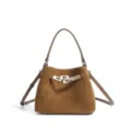 Retro brown suede bucket bag with stylish shoulder strap and metal lock for women. - Calf Brown