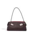 Brown leather shoulder bag with chic metal buckle and red lining for women commute. - 32*10*15CM / Coffee