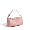 Pink leather cylinder shoulder bag for women, stylish minimalist underarm barrel bag with zipper. - 19*9*10cm / Sakura Pink