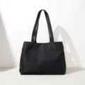 Classic black nylon tote bag, minimalist large capacity shoulder handbag for daily travel. - Black