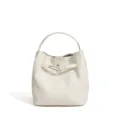 Minimalist white leather bucket bag with top handle and chic metal lock. Elegant women's handbag. - White