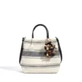 Canvas striped tote bag with brown handles and wooden pendant for women casual daily use - Striped Style (Without Pendant) / Beige