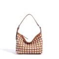 Brown and white woven shoulder bag for women, stylish leather hobo bag for daily commute. - Brown and Canvas
