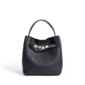 Stylish women genuine leather bucket bag minimalist black shoulder bag variant design. - Black