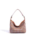Chic woven shoulder bag for women, stylish leather and denim patch design for commuting. - Brown and Light Denim
