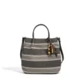 Casual striped linen tote bag with wooden bead charm, versatile chic daily crossbody bag. - Striped Style (Without Pendant) / Gray