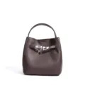 Dark Brown Leather Bucket Bag, Stylish Commuter Handbag with Metal Turn-Lock Closure Variant - Ebony