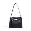 Classic black leather shoulder bag with metallic lock closure, elegant for daily wear. - Black