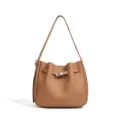 Genuine leather bucket shoulder bag for women, retro casual handbag with metal lock design. - Brown