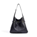 Black leather shoulder bag with belt detail, elegant daily commute tote for women. - Black