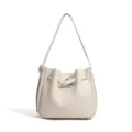 Elegant leather bucket shoulder bag, classic casual design, perfect for daily commute and style. - White