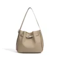 Bolso de hombro de cuero, bolso cubo retro con cierre metálico para uso diario elegante. - Gris elefante
