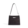 Bolso de hombro de cuero clásico con cierre de giro metálico y diseño trapezoidal elegante. - Café Vintage