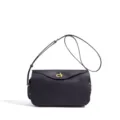 Minimalist black leather shoulder bag for women, chic commuting crossbody purse with gold hardware. - Black