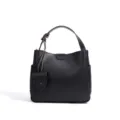 Black minimalist bucket bag, elegant retro commuter handbag with detachable pouch. - Black