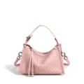 Pink woven leather shoulder bag for women, stylish minimalist handbag with top handle. - 21x11x14cm / Almond Pink