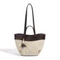 High capacity canvas shoulder bag, premium top layer cowhide leather splicing tote bag. - Coffee