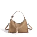 Woven leather shoulder bag, chic beige crossbody handbag with metal hardware for women commute. - 21x11x14cm / Milk Tea