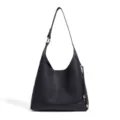 Elegant black pebbled leather shoulder bag, minimalist hobo bucket bag for women daily commute. - Black