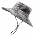 Detailed view of the summer anti-UV waterproof wide brim sun hat with mesh panels and drawcord. - Khaki Camouflage