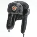Verdickte Winter Ushanka Mütze mit russischem Emblem, winddichte Outdoor Mütze. - L (55-58cm) / Schwarz + Doppeladler-Abzeichen
