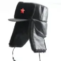 Winter warm PU leather ushanka hat with ear flaps and red star badge for outdoor cycling cold - M (55-58cm) / Thickened PU Brim Style + Hammer and Sickle Star