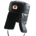Detailed close-up of winter ushanka hat in black PU leather with faux fur and Soviet star badge. - M (55-58cm) / Thickened PU Style + Soviet Emblem