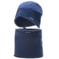 Detailansicht der dunkelblauen Fleece-Wintermütze und des Schlauchschals, weich und winddicht. - Einheitsgröße / Marineblau Set