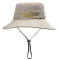 Detailansicht des Sonnenhuts mit atmungsaktivem Mesh, breiter Krempe und verstellbarem Kinnriemen. - Beige