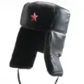 Black faux leather trapper hat with warm faux fur lining and red star badge for winter. - M (55-58cm) / Thickened PU Style + Hammer and Sickle Star