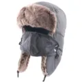 Wasserdichte warme Winter Bombermütze mit abnehmbarer Windschutz Maske Outdoor Ushanka Pelzkappe - Erwachsene (57-60cm) / Grau