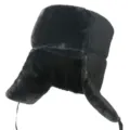 Black winter warm ushanka hat detail view, thick plush earflap trapper cap for cold weather. - Black Fabric with Black Fur - Single Hat