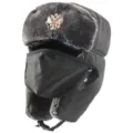 Russische Ushanka Wintermütze mit Fell und Maske, winddichte warme Bombermütze für Outdoor. - Schwarz + Doppeladler-Abzeichen