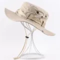 Khaki outdoor sun hat with chin strap and breathable eyelets for hiking fishing casual wear - One Size / Beige