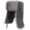 Graue Winter Ushanka Mütze mit Kunstpelz und rotem Stern Abzeichen für warme Outdoor Tage. - Einheitsgröße / Grau + Roter Stern