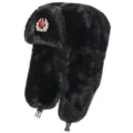 Soviet style black faux fur ushanka hat with red star badge, winter warm ear flap detail. - One Size / Badge Style / Black