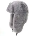 Grey faux fur ushanka hat detail, plush ear flaps and buckle, winter cold-proof design close up. - One Size / Regular Fit / Light Gray