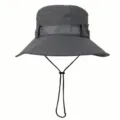 Detail view of dark grey bucket hat with adjustable chin strap and textured decorative band. - One Size / Dark Gray