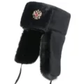 Winter warm black ushanka hat with badge earflap cold-proof thick bomber hat for outdoor. - One Size / Black + Double-Headed Eagle Badge
