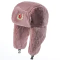 Faux rabbit fur ushanka hat with Soviet red star badge, winter warm earflap bomber cap for outdoor - One Size / Badge Style / Pink
