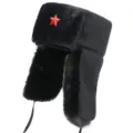 Black winter trapper hat with red star badge, warm faux fur earflap cap for outdoor cold weather. - One Size / Black + Red Star