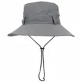 Detail view of the grey sun bucket hat with adjustable chin strap for outdoor fishing hiking. - One Size / Light Gray