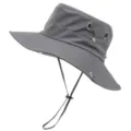 Detailansicht grauer Outdoor Sonnenhut, schnelltrocknend mit Metallösen und Kinnriemen. - Einheitsgröße / Dunkelgrau